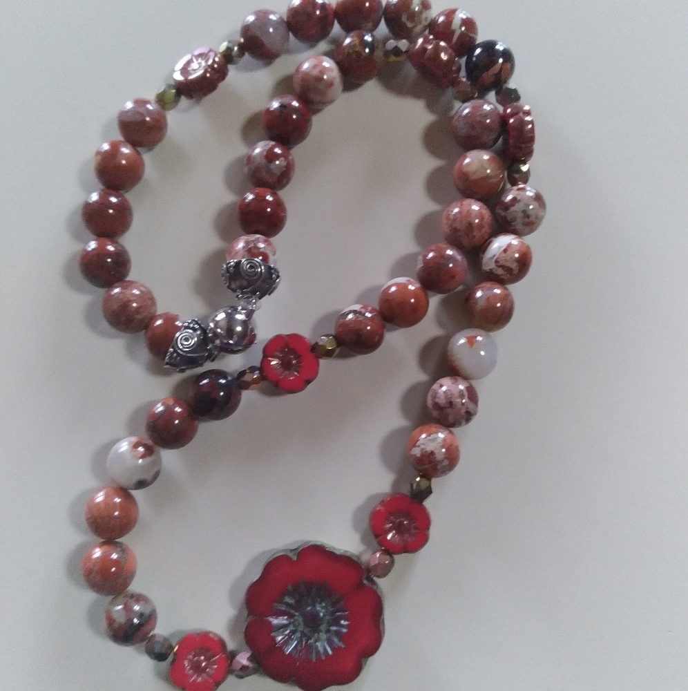 ✨️17" Picasso Jasper & Czech Glass🌺Flower Necklace ✨️